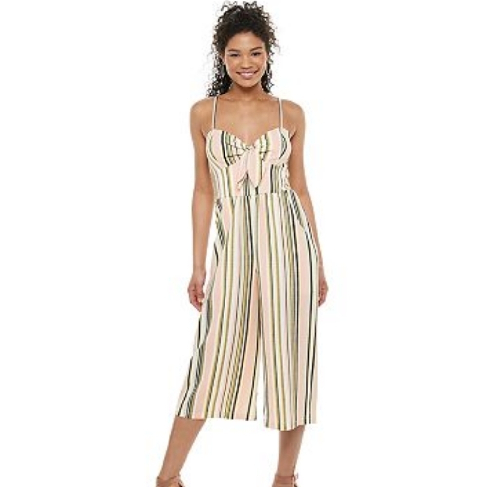 NWT As U Wish Pink/Black Striped Sleeveless Cropped Length Pants Jumpsuit